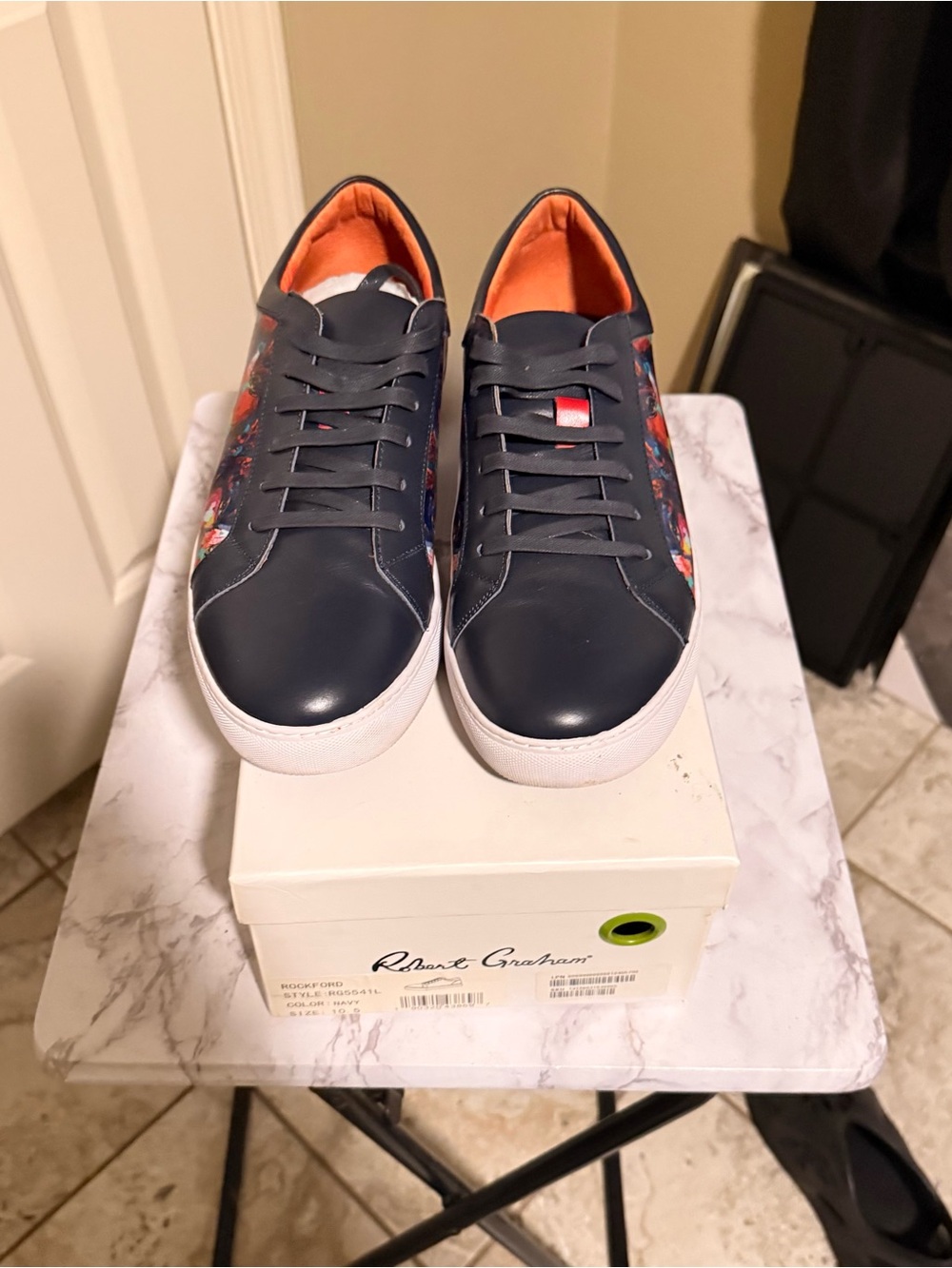 Robert Graham Navy Leather Sneakers with Floral Panels and Orange Lining